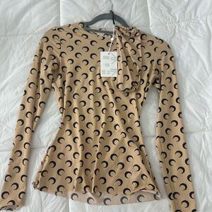 Marine Serre Tan Long Sleeve Top with Black Crescent Pattern